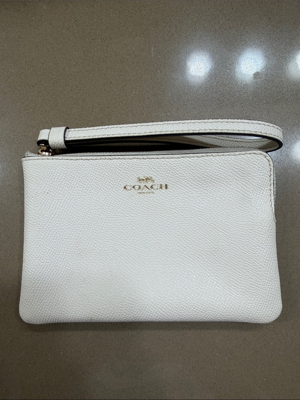 Coach White Pebbled Leather Wristlet with Gold Logo